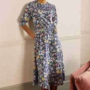 Boden‎ Smocked Neck Floral Jersey MIDI Dress